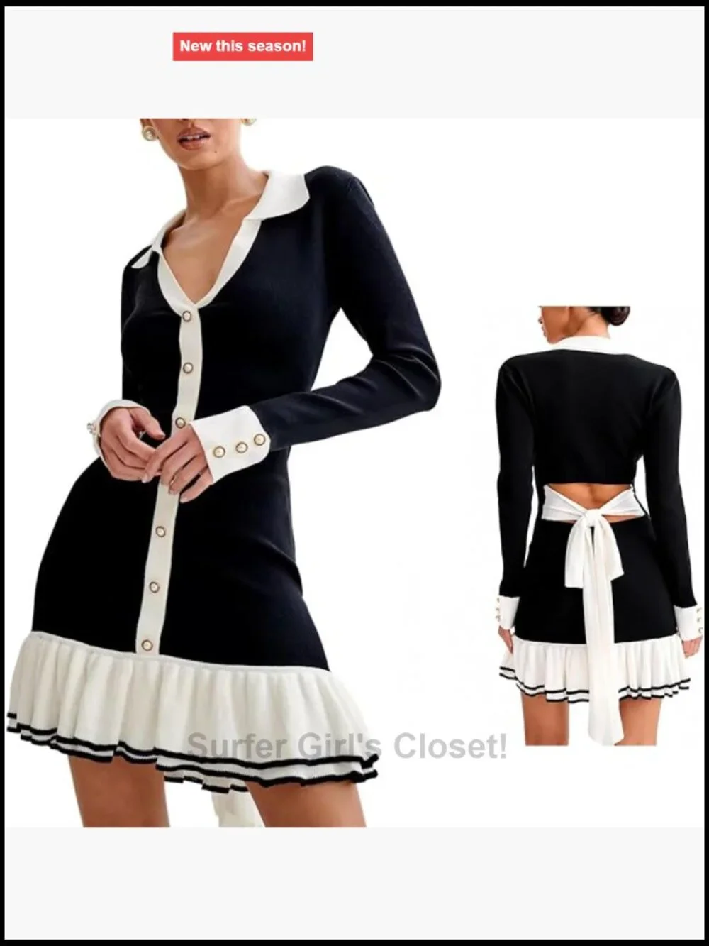 Long Sleeve Ruffle Hem Knit Sweater Dress Collared Back Tie Mini Bodycon Dress
